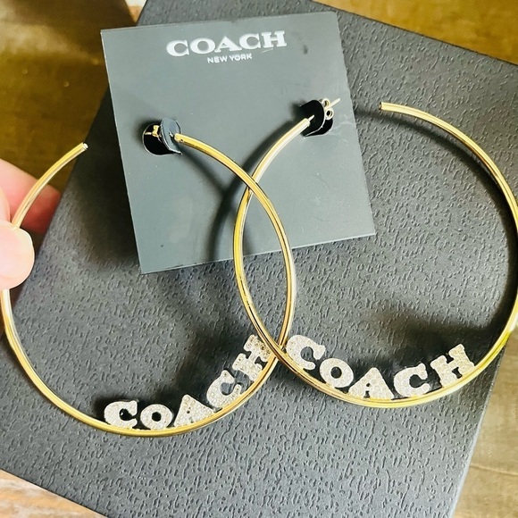 COACH Rhinestone Signature Gold Tone Large Logo Pave Hoop Earrings 3"​​​​​​ - Picture 1 of 3